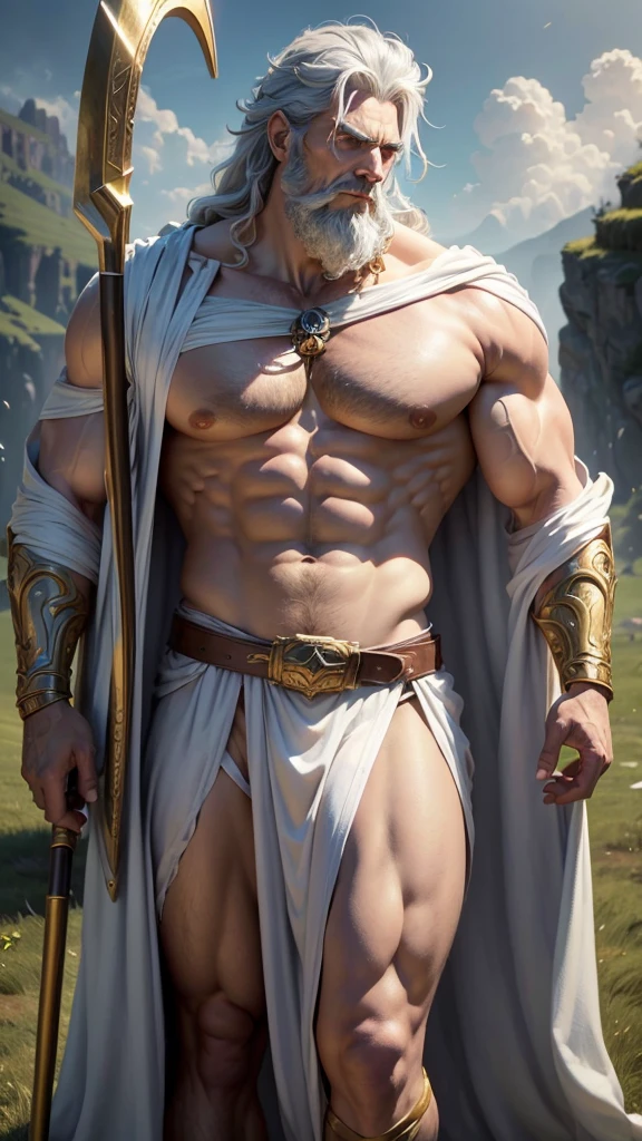 a giant adult male figure, Cronus the Titan god of time, detailed face, disheveled gray hair, long gray beard, wearing a dark long robe with a golden belt and armbands, holding a sharp metal scythe, standing in a lush green field, greek mythology, the greek mythological figure Cronus, (best quality,4k,8k,highres,masterpiece:1.2),ultra-detailed,(realistic,photorealistic,photo-realistic:1.37),highly detailed, dramatic lighting, cinematic composition, vivid colors, intricate details