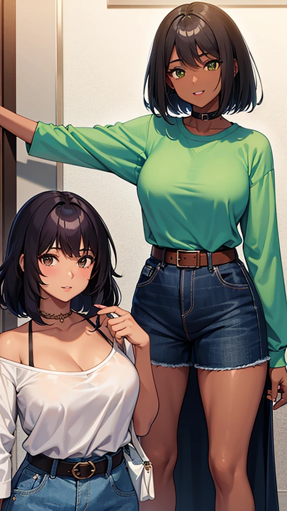 Leilani, she is short, with dark skin and straight hair, approximately 21 years old and with a cheerful personality, she was wearing a green and denim blouse and in the middle a brown belt that showed off her thin waist,