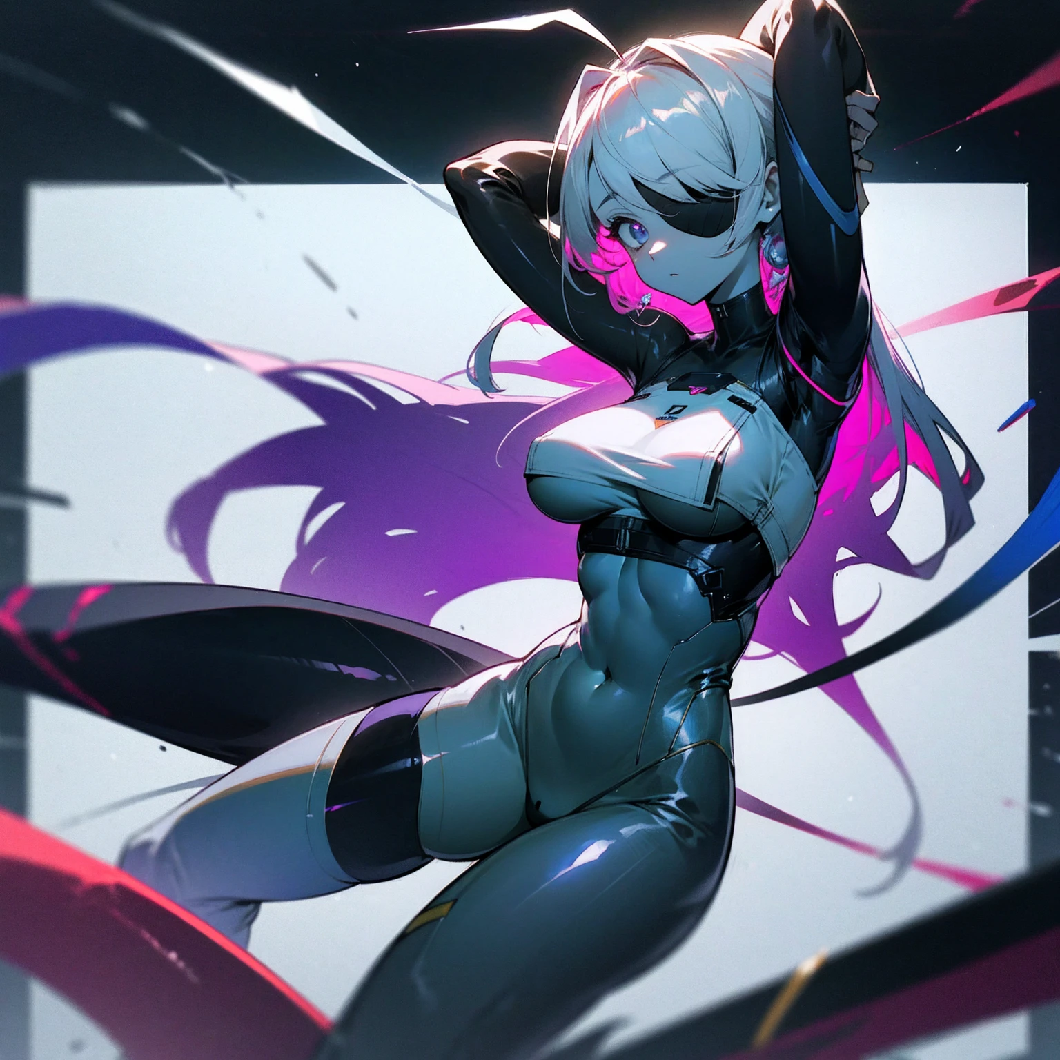 echanis_enicha, background, incredible high-key lighting, masterpiece, high quality, ambient soft lighting, 4K, 1girl, alternate breast size, belly, breasts, big breasts, glowing, long hair, feathered bangs, bangs, feathered hair, navel, solo, stretching, arms raised, hands behind head, armpits, purple theme, simple background, futuristic, pale skin, gleaming skin, sweating, thick, curvy, bodysuit, sleek bodysuit, techsuit, ahoge, looking at viewer, thigh highs, thigh strap, skindentation, navel, navel window, tight, translucent antennae, casual stance, android, artificial humanoid, underboob, boob window, single eye patch, brilliant eye, sparkling eye, skinkintight, asymmetrical clothes, best quality, realistic, absurdres, perfect shadows and lighting,