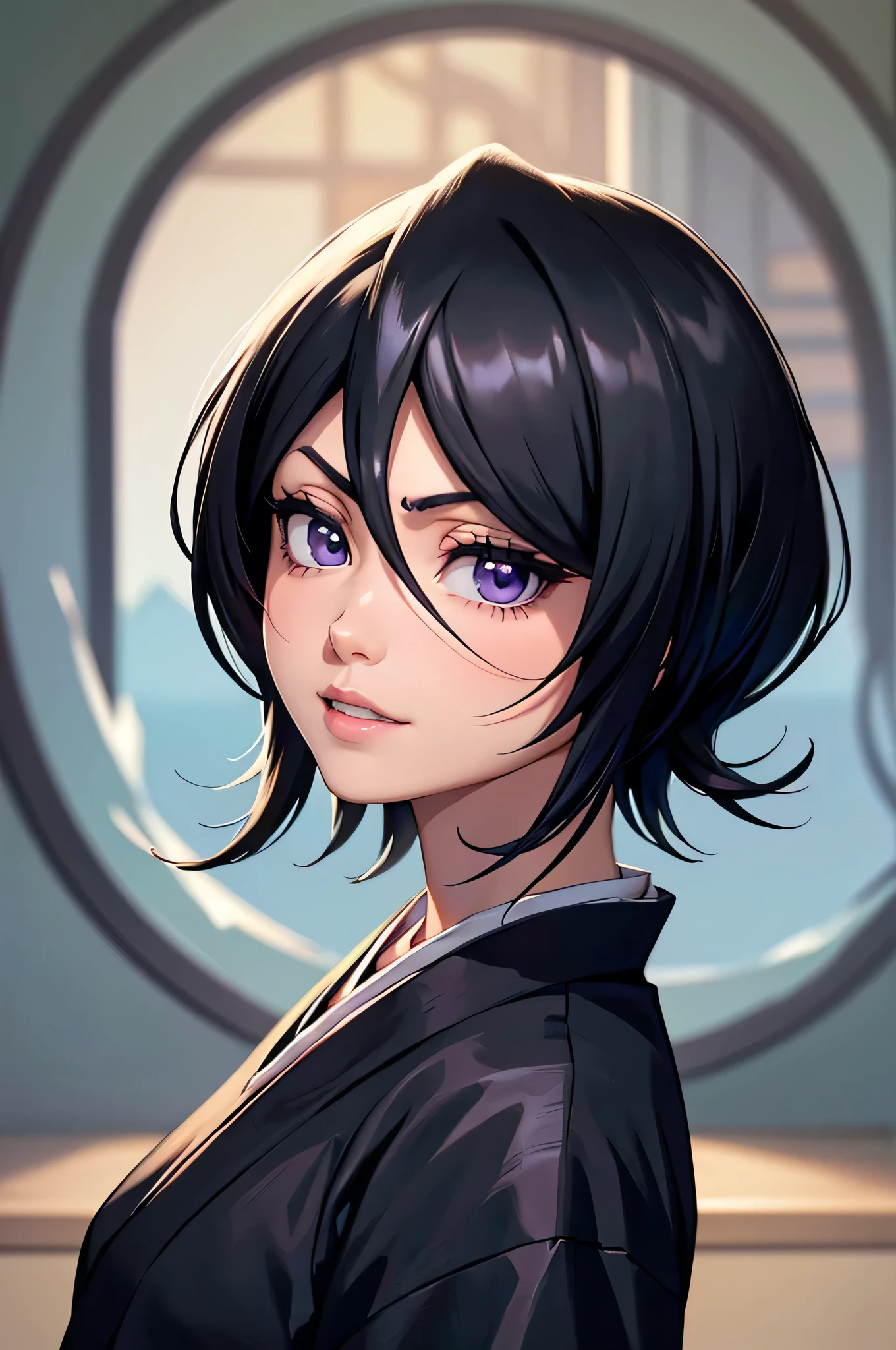 rich in detail, Incredible color strokes and detailed lighting, amazing detailed face, amazing detailed hair, incredible detailed eye, amazing detailed nose, amazing detailed lips. Face of a young and beautiful girl wearing a black kimono with her short black hair, and with a smile on her face rukia kuchiki.
