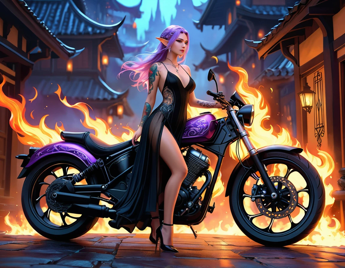 Arafed, Dark fantasy art, fantasy art, goth art, a picture of a of a tattooed female elf near her motorcycle (masterwork, best detailed, ultra detail: 1.5)  the tattoo is vivid, intricate detailed coming to life from the ink to real life, GlowingRunesAI_purple, ((fire surrounds the motorcycle: 1.5)), ultra feminine, ((beautiful delicate face)), Ultra Detailed Face, small pointed ears, dynamic angle, ((the back is visible: 1.3), she wears a transparent black dress, the dress is elegant, flowing, elven style, that the tattoos glow, dynamic hair color, dynamic hair style, high details, best quality, 16k, [ultra detailed], masterpiece, best quality, (extremely detailed), dynamic angle, full body shot, faize, drkfntasy, Digital Painting