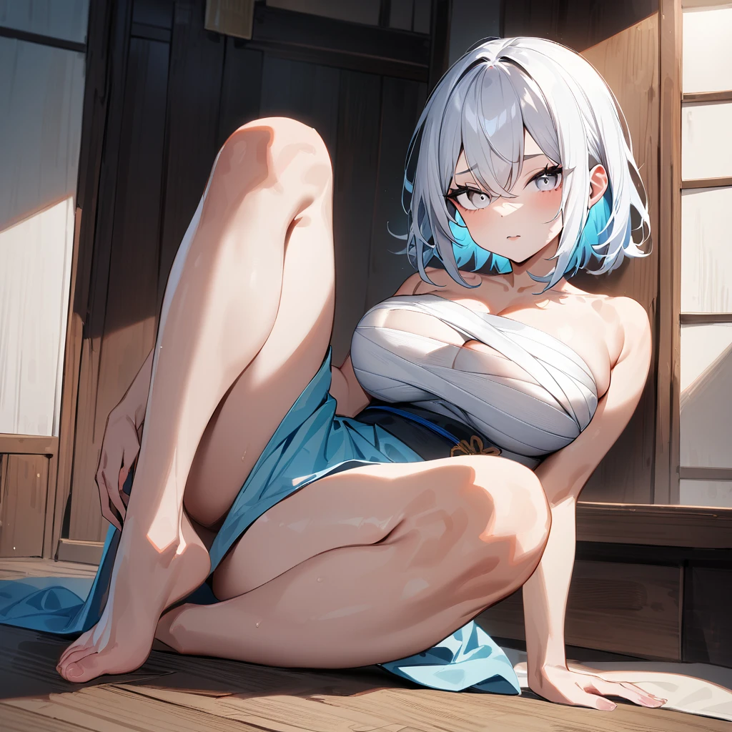 1girl,(White hair:1.3),White eyes,(light blue hair),(Sarashi),kimono,(big breast),Androgynous,leg,(knee up),barefoot,medium hair,hair,bare shoulder,masterpiece,best quality,very aesthetic,absurdres,front view,looking at viewer