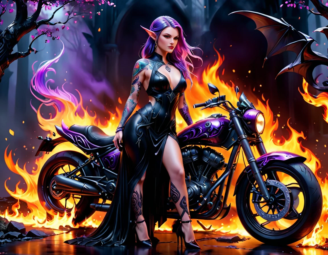 Arafed, Dark fantasy art, fantasy art, goth art, a picture of a of a tattooed female elf near her motorcycle (masterwork, best detailed, ultra detail: 1.5)  the tattoo is vivid, intricate detailed coming to life from the ink to real life, GlowingRunesAI_purple, ((fire surrounds the motorcycle: 1.5)), ultra feminine, ((beautiful delicate face)), Ultra Detailed Face, small pointed ears, dynamic angle, ((the back is visible: 1.3), she wears a transparent black dress, the dress is elegant, flowing, elven style, that the tattoos glow, dynamic hair color, dynamic hair style, high details, best quality, 16k, [ultra detailed], masterpiece, best quality, (extremely detailed), dynamic angle, full body shot, faize, drkfntasy, Digital Painting