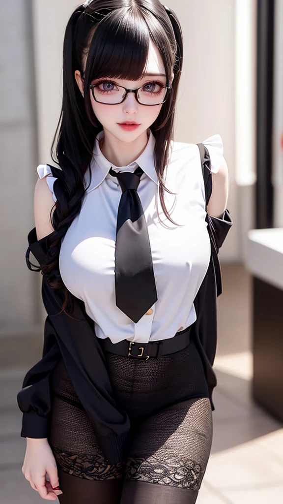 1woman,random office lady fashion,(Thin type),(large breasts),(random sexy pose),(random hairstyle),(Highest image quality,(8K), Ultra-realistic, Best Quality, High quality, High Definition, high quality texture, high detailing, Beautiful detailed, fine detailed, extremely details CG, Detailed texture, realistic representation of face, masterpiece, presence),(wearing glasses:1.2),black pantyhose