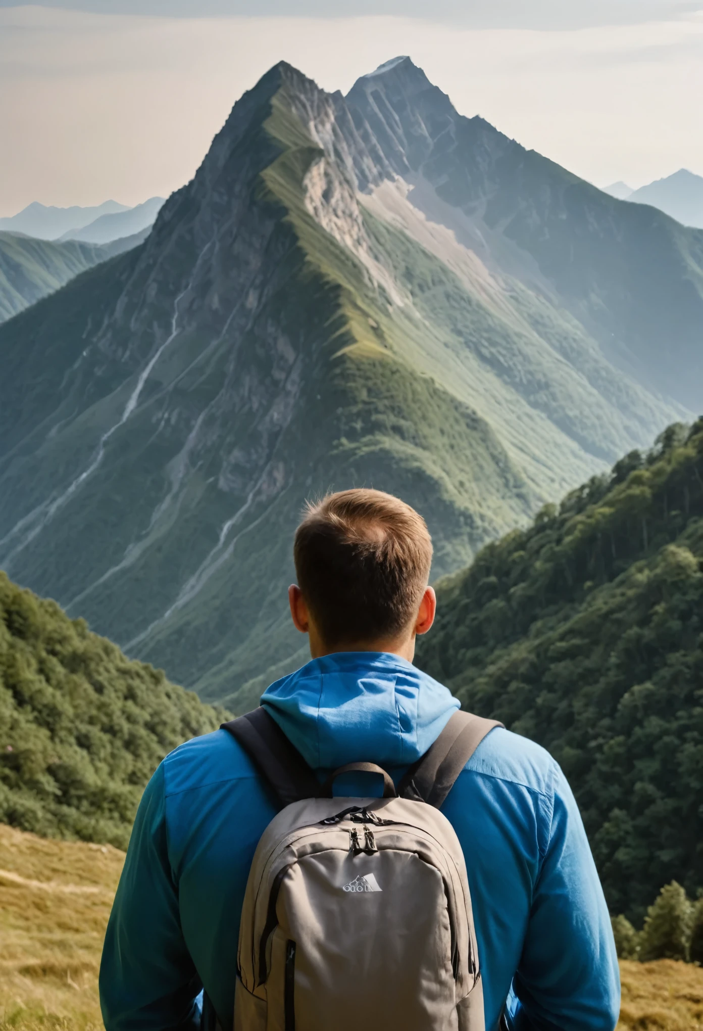 man wearing t-shirt seen from behind facing an ultra realistic mountain