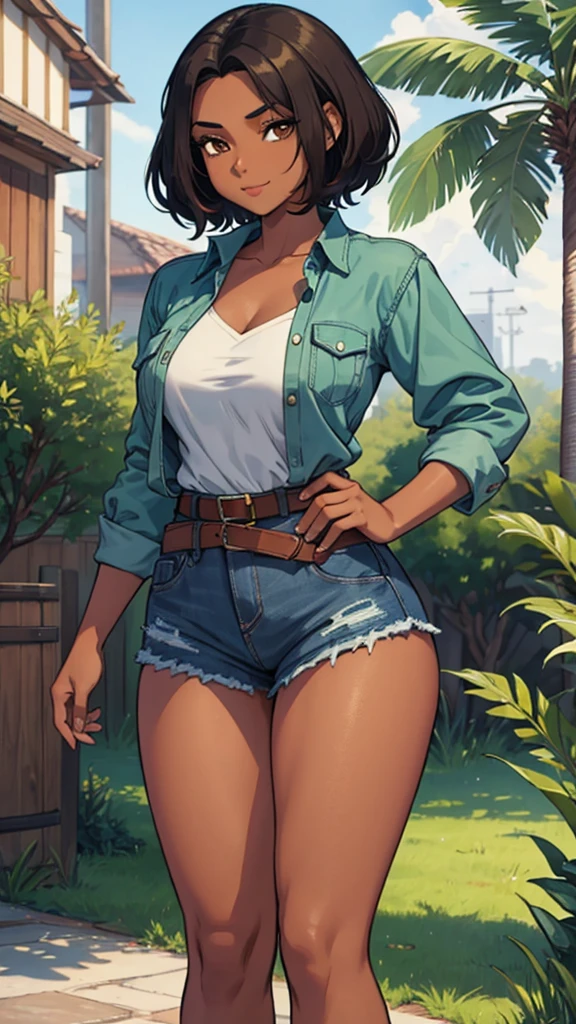 Leilani, she is short, with dark skin and straight hair, approximately 21 years old and with a cheerful personality, she was wearing a green and denim blouse and in the middle a brown belt that showed off her thin waist,