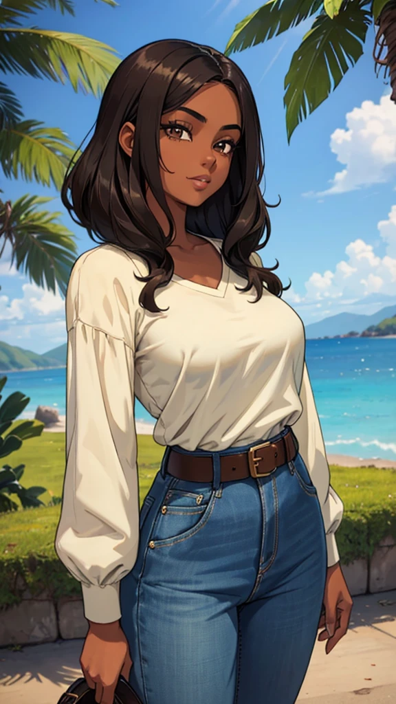 Leilani, she is short, with dark skin and straight hair, approximately 21 years old and with a cheerful personality, she was wearing a green and denim blouse and in the middle a brown belt that showed off her thin waist,