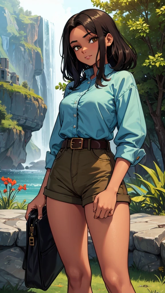 Leilani, she is short, with dark skin and straight hair, approximately 21 years old and with a cheerful personality, she was wearing a green and denim blouse and in the middle a brown belt that showed off her thin waist,
