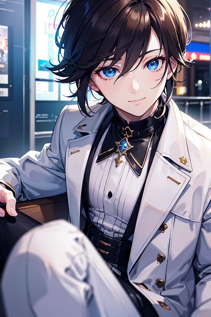 a young man with brown hair, blue eyes, smiling, medium length hair, wearing a pure white trench coat, black pants, in a city, (best quality,4k,8k,highres,masterpiece:1.2),ultra-detailed,(realistic,photorealistic,photo-realistic:1.37),detailed eyes,extremely detailed face,intricate details,cinematic lighting,sui ishida art style,vibrant colors,dramatic lighting
