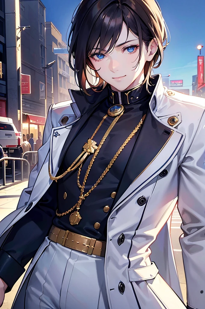 a young man with brown hair, blue eyes, smiling, medium length hair, wearing a pure white trench coat, black pants, in a city, (best quality,4k,8k,highres,masterpiece:1.2),ultra-detailed,(realistic,photorealistic,photo-realistic:1.37),detailed eyes,extremely detailed face,intricate details,cinematic lighting,sui ishida art style,vibrant colors,dramatic lighting
