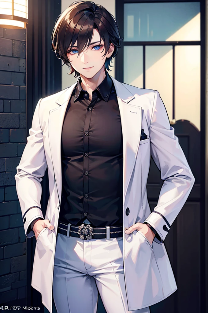 a young man with brown hair, blue eyes, smiling, medium length hair, wearing a pure white trench coat, black pants, in a city, (best quality,4k,8k,highres,masterpiece:1.2),ultra-detailed,(realistic,photorealistic,photo-realistic:1.37),detailed eyes,extremely detailed face,intricate details,cinematic lighting,sui ishida art style,vibrant colors,dramatic lighting
