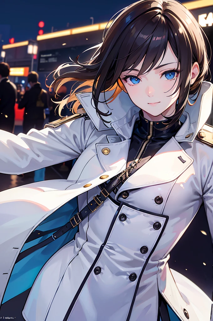 a young man with brown hair, blue eyes, smiling, medium length hair, wearing a pure white trench coat, black pants, in a city, (best quality,4k,8k,highres,masterpiece:1.2),ultra-detailed,(realistic,photorealistic,photo-realistic:1.37),detailed eyes,extremely detailed face,intricate details,cinematic lighting,sui ishida art style,vibrant colors,dramatic lighting
