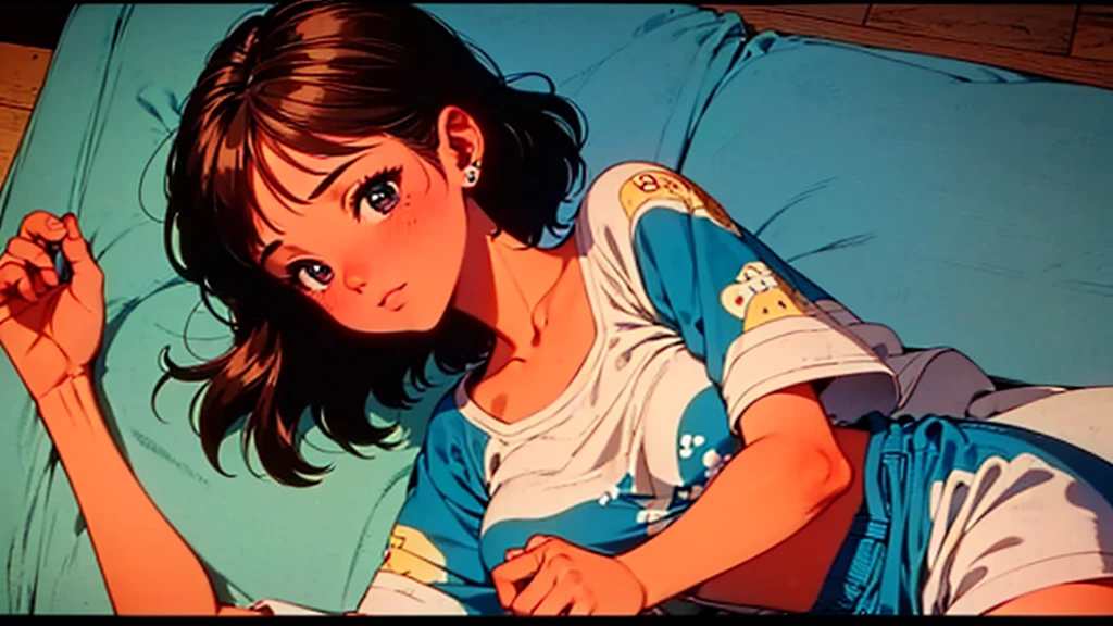 (masutepiece:1.5, Best Quality:1.5), ((Vaporwave Style, partially coloring)), (((vanilla))), (((full body))), 1woman, dark geen hair, long hair, Ponytail, 90s fashion, (((indian style, sitting))), (((inside bedroom, night))), big white hoodie, ((looking up)), retro anime, 1990s anime, 1980s anime, retro anime style, masterpiece, best quality, beautiful anime, (ultra-detailed background, detailed background), high resolution, super detailed, Lo-Fi Illustration, anime art wallpaper 4k, anime art wallpaper 4k,
