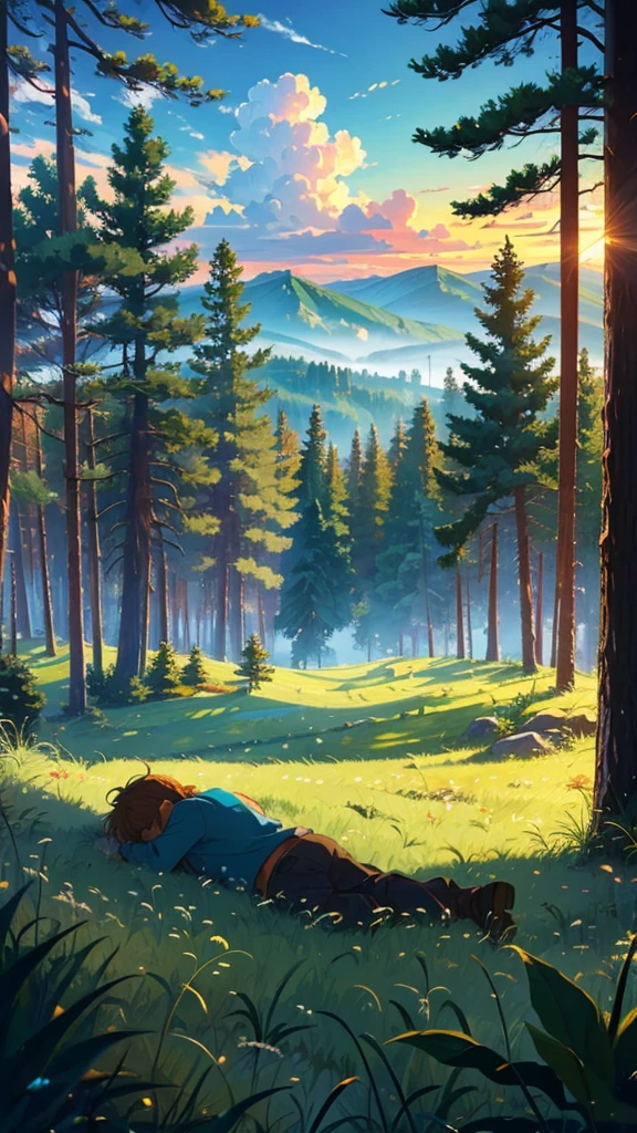 A young men sleeping on the ground while looking at the cloud,
BREAK (masterpiece, best quality:1.2), outdoors, nature, forest, pines, grass, tall grass, detailed grass, plants, day, clouds,, long wide shot 

