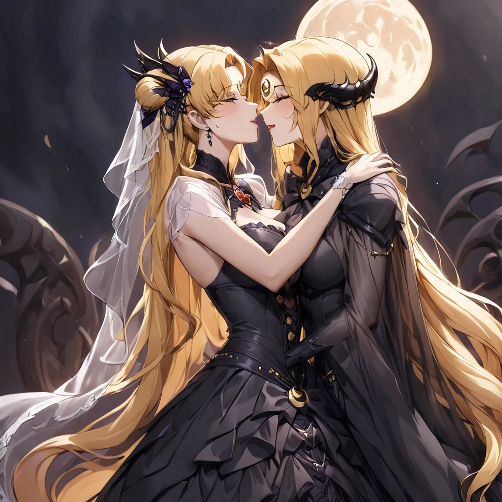 ((Highest quality)), ((masterpiece)), (detailed), (Perfect Face)、The woman is a dark queen with a black inverted crescent moon mark on her forehead, wearing a gorgeous, glittering black Gothic Victorian dress, a black veil, and a black see-through cape, as well as luxurious jeweled accessories.、The man is a majestic, evil and powerful demon king.、The Demon King of the Black Moon and the Dark Queen of the Black Moon in love、The woman is Black Serenity, the noble dark queen of the Black Moon clan and has blonde hair.2The woman with long hair tied up is Princess Serenity、The woman embraces the strong and evil demon king, kisses him, and has sex with him in the temple of the black moon.、The woman is a dark queen with a black inverted crescent moon mark on her forehead, wearing a gorgeous, glittering black Gothic Victorian dress, a black veil, and a black see-through cape, as well as luxurious jeweled accessories.で幸せそうな表情の漆黒のプリンセスセレニティで恋する乙女の表情、A woman and a strong, evil demon king man are embracing the dark bride woman, kissing her vows and getting married.、The man is a strong and evil demon king who embraces the woman, kisses her in oath, and has sex with her in the Temple of the Black Moon.、Men and women in love