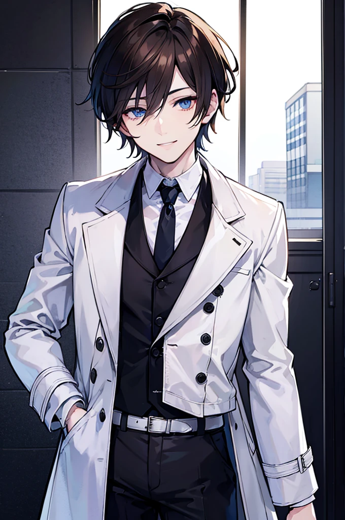 young man, brown hair, blue eyes, smiling, medium hair, wearing a pure white trench coat, wearing black pants, in one city, 4k, detailed, sui ishida art style, detailed eyes,
