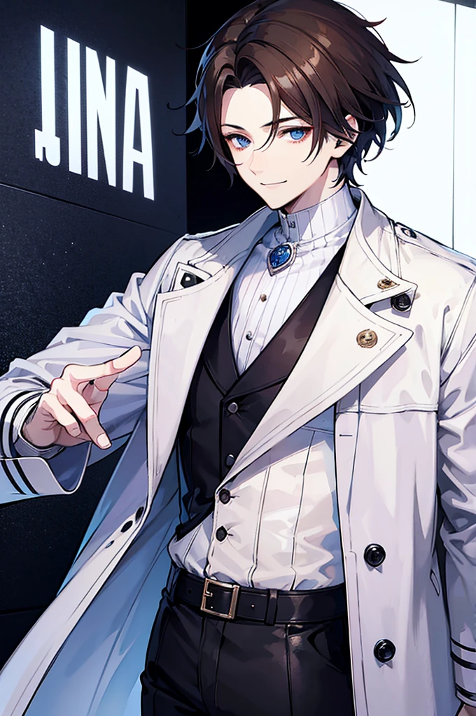young man, brown hair, blue eyes, smiling, medium hair, wearing a pure white trench coat, wearing black pants, in one city, 4k, detailed, sui ishida art style, detailed eyes,