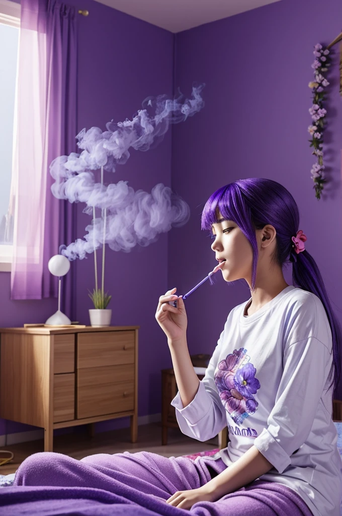  an anime-like image of a girl smoking marijuana in her room. Let it be decorated with purple and blue flowers, with half moons for decoration