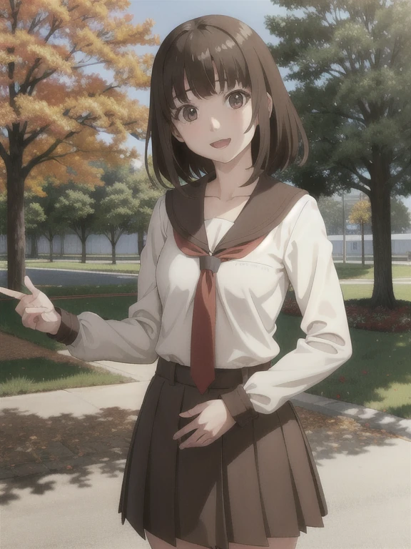 1girl, solo, looking at viewer, nadeko01, medium hair, brown hair, brown eyes, bangs, blunt bangs, skirt, collarbone, , serafuku, long sleeves, necktie, smile, open mouth, cowboy shot, hands in waist, park, flowers, trees,