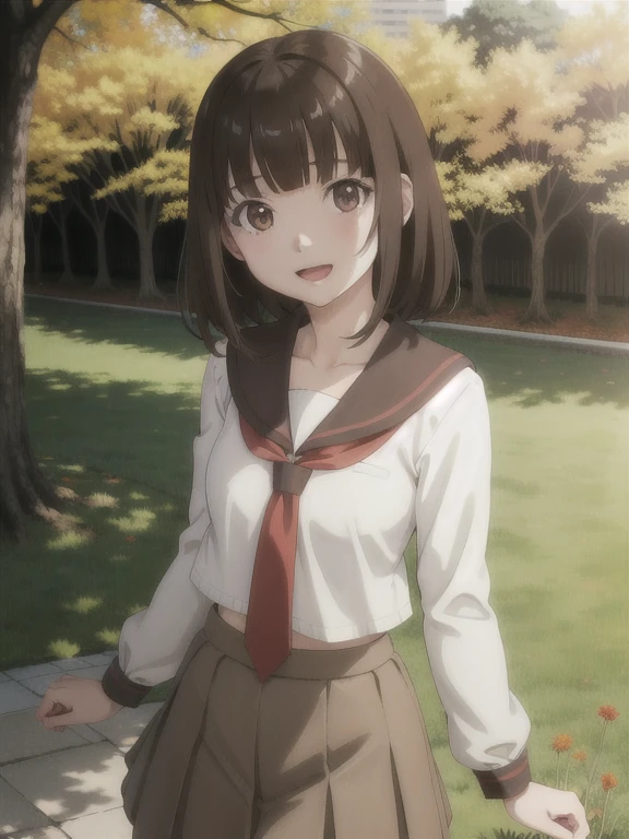 1girl, solo, looking at viewer, nadeko01, medium hair, brown hair, brown eyes, bangs, blunt bangs, skirt, collarbone, , serafuku, long sleeves, necktie, smile, open mouth, cowboy shot, hands in waist, park, flowers, trees,