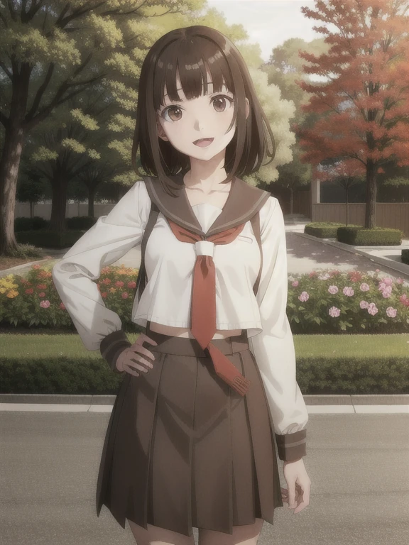 1girl, solo, looking at viewer, nadeko01, medium hair, brown hair, brown eyes, bangs, blunt bangs, skirt, collarbone, , serafuku, long sleeves, necktie, smile, open mouth, cowboy shot, hands in waist, park, flowers, trees,