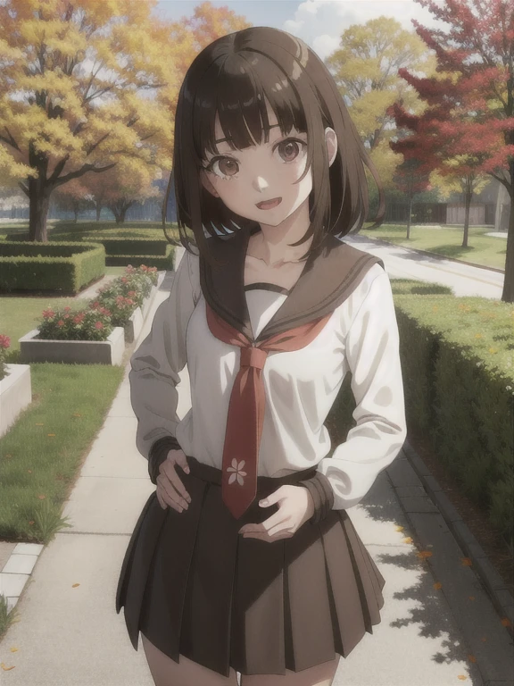 1girl, solo, looking at viewer, nadeko01, medium hair, brown hair, brown eyes, bangs, blunt bangs, skirt, collarbone, , serafuku, long sleeves, necktie, smile, open mouth, cowboy shot, hands in waist, park, flowers, trees,