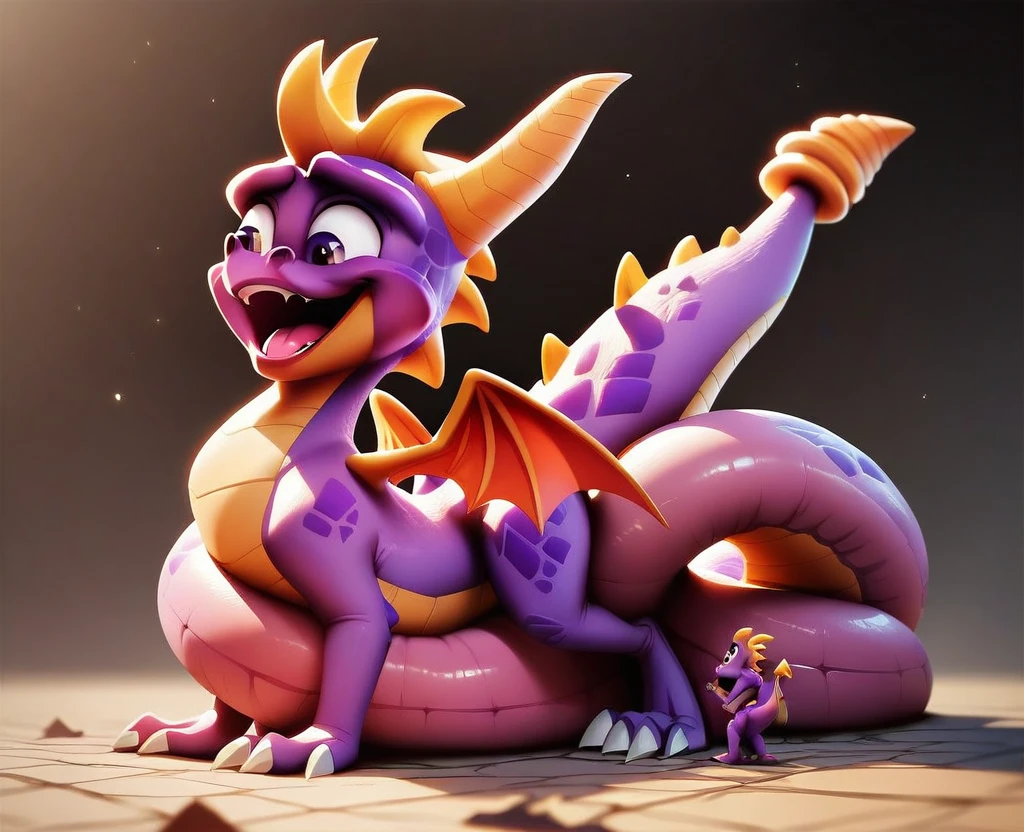 Spyro, macro, open mouth, full body, sitting on floor, back, ((thick tail bottom)), ((long tail, tail coiling))