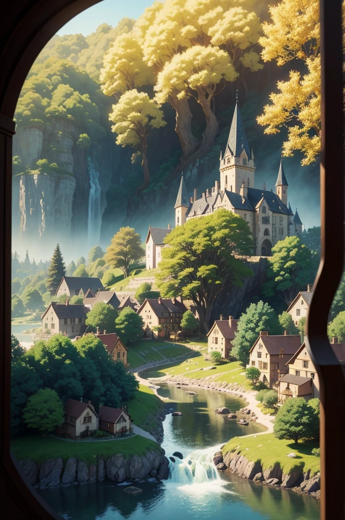 beautiful and elegant scenery of a huge medieval and fantasy-like village nestled between several trees and such, the view should be behind a few village houses to set the dynamic view, the sun is shining brightly from above, cinematic, realistic shading and lighting, 4k, 8k, anime, anime drawing, anime sketch, anime style, anime illustration, anime screenshot  