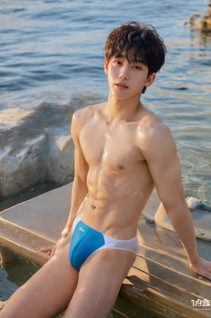 1 person, 18 year old muscular man, korean, topless, very wet body, wearing white jockstrap or thong, sexy, soft light, Masterpiece, best quality, photo realistic, in water.