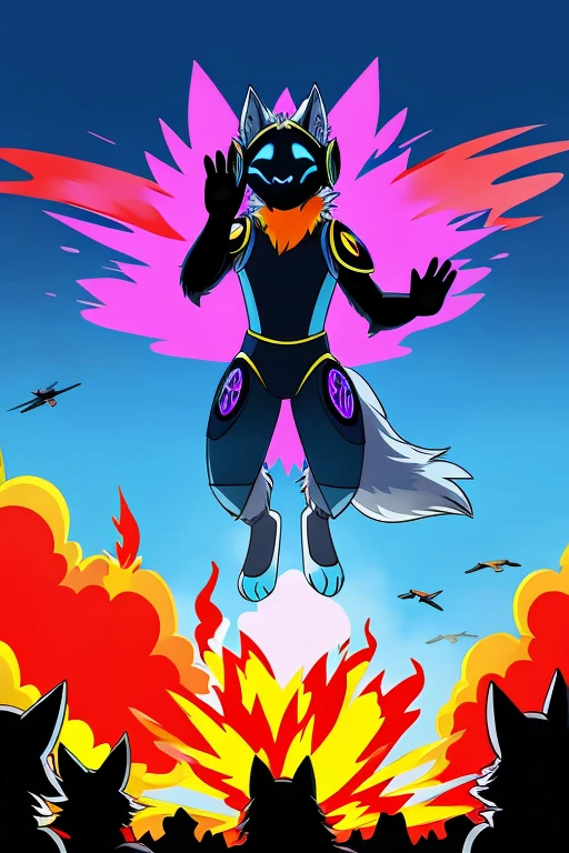 "Create a highly detailed scene featuring a light blue furry protogen, an anthropomorphic wolf, standing in the foreground facing the camera and waving. The protogen has expressive, friendly eyes and intricate fur details. In the background, a helicopter is exploding mid-air, with flames and smoke billowing out dramatically. The explosion should be vivid and dynamic, with bright fiery colors and swirling smoke contrasting against the calm, cheerful demeanor of the protogen. The overall composition should highlight the juxtaposition between the intense background action and the serene front-view figure."Light blue furry protogen entrepromorphic wolf you can see the explosion of the helicopter in the background as he is standing there in the front view of the camera waving at you, (cartoon-style bold line work:1.2), vibrant colors, cel shading, outline, white outline