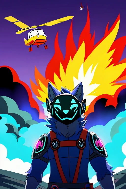 "Create a highly detailed scene featuring a light blue furry protogen, an anthropomorphic wolf, standing in the foreground facing the camera and waving. The protogen has expressive, friendly eyes and intricate fur details. In the background, a helicopter is exploding mid-air, with flames and smoke billowing out dramatically. The explosion should be vivid and dynamic, with bright fiery colors and swirling smoke contrasting against the calm, cheerful demeanor of the protogen. The overall composition should highlight the juxtaposition between the intense background action and the serene front-view figure."Light blue furry protogen entrepromorphic wolf you can see the explosion of the helicopter in the background as he is standing there in the front view of the camera waving at you, (cartoon-style bold line work:1.2), vibrant colors, cel shading, outline, white outline