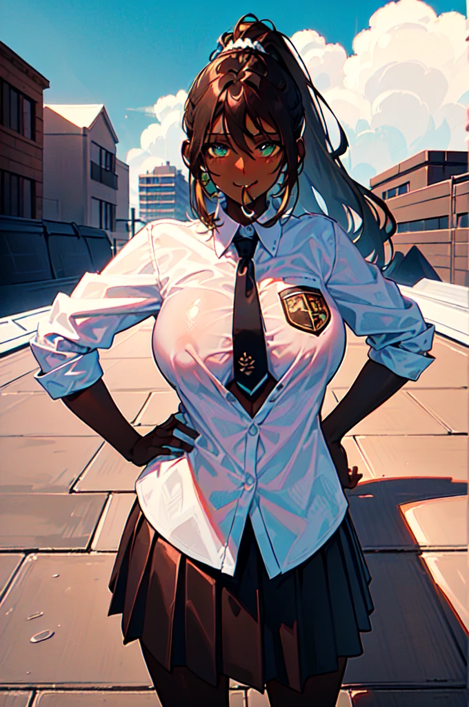 masterpiece, Highest quality, Very detailed, One girl, Improve, Mature Woman, alone, (Dark brown skin:2), Mislan, (Huge breasts:1.1), ((((Blonde), Long Hair, ponytail, Green Eyes, elongated pupils))), Part your lips, (((White shirt, tie shirt, Open clothes, bikini, leopard pattern, Pleated skirt))), ((blush, Mischievous Smile), Mouth closed), ((Put your hands on your hips, rooftop))