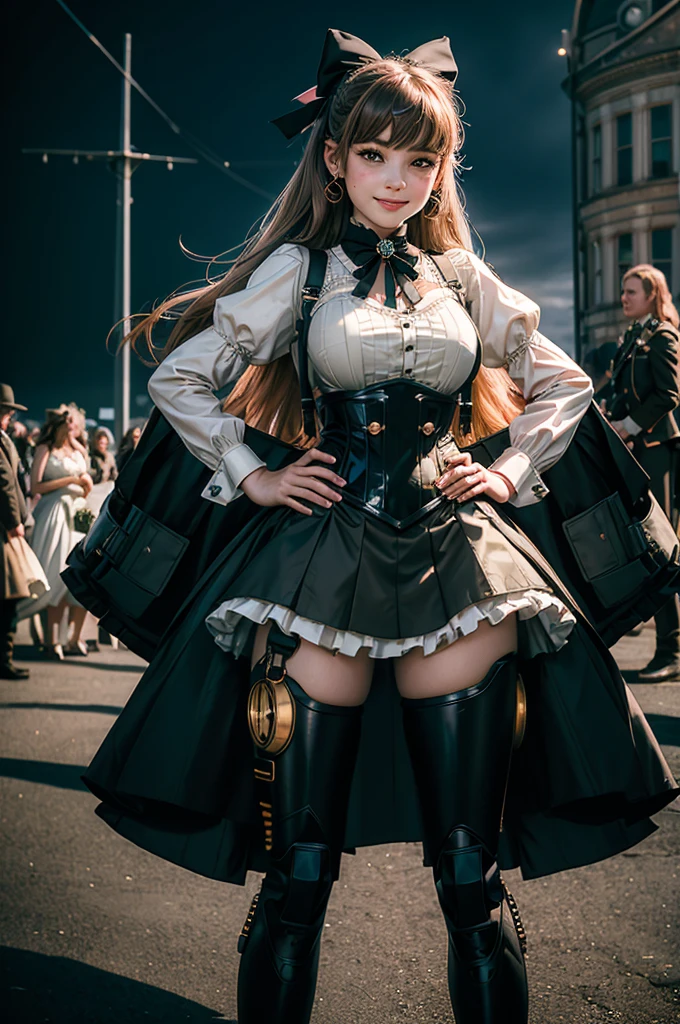 1girl, solo, smile, hands on hips,  underbust, Penny Polendina, long hair, neck ribbon, suspender skirt, corset, black bow, white blouse, mechanical legs, neon trim, hands on hips, outdoors, military wedding, lavish wedding reception, on hillside, overlooking coast, sea, crowd, (crowd in military dress),
