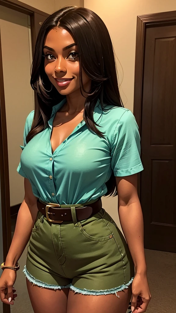 Leilani, she is short, with dark skin and straight hair, approximately 21 years old and with a cheerful personality, she was wearing a green and denim blouse and in the middle a brown belt that showed off her thin waist,