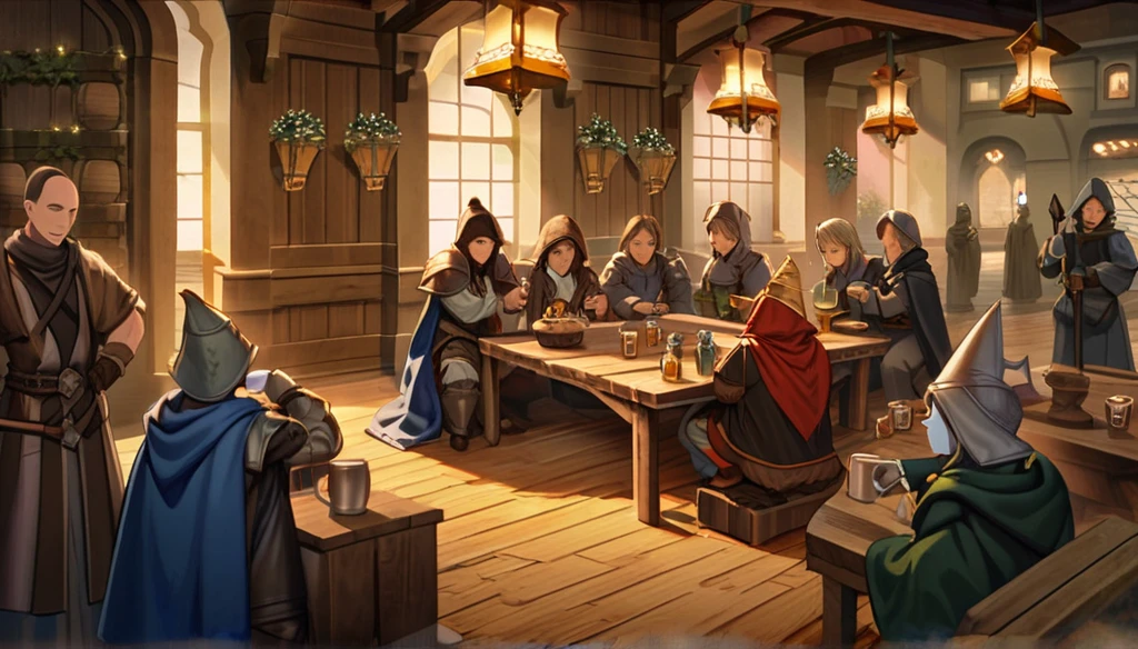 (concept art), (fantasy oil painting), subdued image that emphasizes the roleplaying aspect of the book, featuring a group of friends (male & female) (dressed in various styles of outfits) gathered around a table, engrossed in a TTRPG game. The scene could be rendered in a dreamlike, almost surreal style, with the players' imaginations coming to life in the form of fantastical creatures and landscapes. The cover could feature the players' characters in various poses, as well as the game master and any important NPCs. (on the table: dice, miniature castle, books, cups), good composition, good design, good architecture, good proportions, good anatomy, volumetric lighting, intricate, detailed, award winning, masterpiece,
