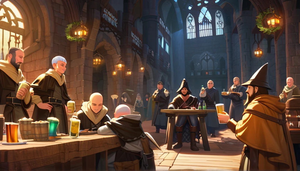 ((Final Fantasy Tactics based, anime Infinite Status art, 4k, epic quality, Surrealist Dreamy,detailed texture)). The theme is festive. It's night. The setting is a large old medieval tavern, well detailed, wooden furniture, wooden walls with chandeliers completely illuminating the scene, some windows, wooden floors. There are several people around the scene, men and women, from several different role-playing classes (knights, monks, assassins, thieves, archers, bards, clerics), partying and drinking a lot of beer, they are drunk. The focus of the scene is a wizard in the center of the scene, bald, handsome face and smiling like a drunk, black beard slightly gray, white skin, brown eyes, strong and short in stature, he wears a pointy wizard's hat and legendary wizard's clothes, he is drinking beer from a mug using his left hand, he is partying with the others. The atmosphere is happy and magical. complete view of the scenario.