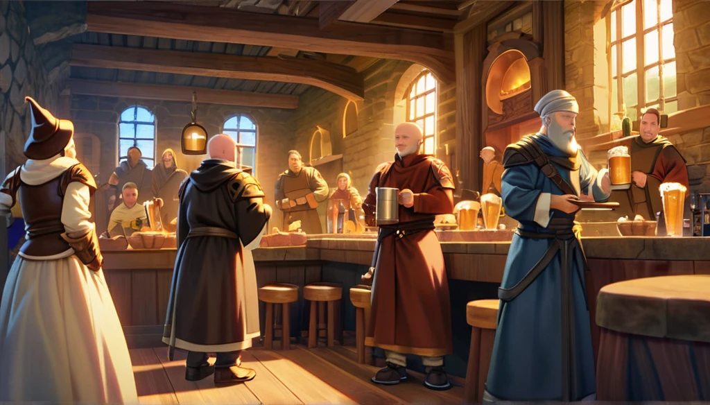 ((Final Fantasy Tactics based, anime Infinite Status art, 4k, epic quality, Surrealist Dreamy,detailed texture)). The theme is festive.  It's night.  The setting is a large old medieval tavern, well detailed, wooden furniture, wooden walls with chandeliers completely illuminating the scene, some windows, wooden floors.  There are several people around the scene, men and women, from several different role-playing classes (knights, monks, assassins, thieves, archers, bards, clerics), partying and drinking a lot of beer, they are drunk.  The focus of the scene is a wizard in the center of the scene, bald, handsome face and smiling like a drunk, black beard slightly gray, white skin, brown eyes, strong and short in stature, he wears a pointy wizard's hat and legendary wizard's clothes, he is drinking beer from a mug using his left hand, he is partying with the others.  The atmosphere is happy and magical.  complete view of the scenario.