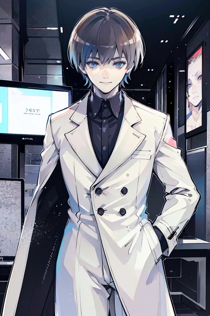 young man, brown hair, blue eyes, smiling, medium hair, wearing a pure white trench coat, wearing black pants, in one city, 4k, detailed, sui ishida art style, detailed eyes,
