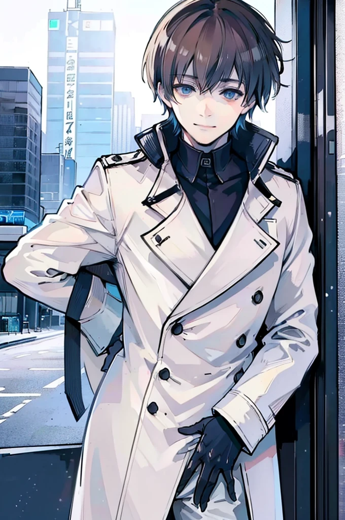 young man, brown hair, blue eyes, smiling, medium hair, wearing a pure white trench coat, wearing black pants, in one city, 4k, detailed, sui ishida art style, detailed eyes,
