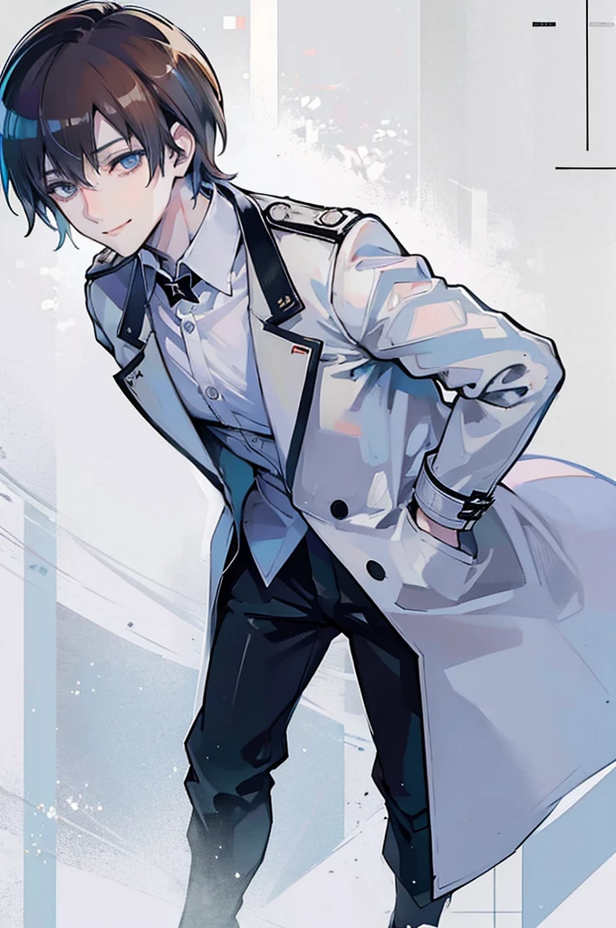 young man, brown hair, blue eyes, smiling, medium hair, wearing a pure white trench coat, wearing black pants, in one city, 4k, detailed, sui ishida art style, detailed eyes,
