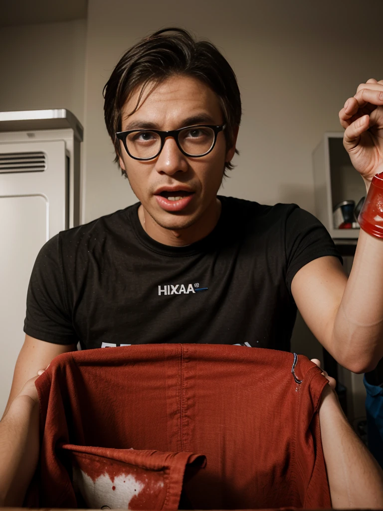 Ultra realistic photo of homen, Nerd, silly face, Dirty laundry, mouth full of ketchup.