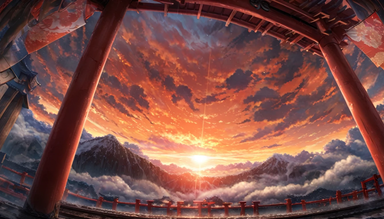 ((masterpiece, Highest quality, High resolution)), ((Highly detailed CG integrated 8K wallpaper)), A torii gate is flying in the morning sky, Large number of torii gates,Sunrise on a cloudy morning, Strong sun rising in the sky, moody The rising sun in the background, orange sky outside, Sunrise on a cloudy morning, sky setting, The rising sun in the background, Sunrise is, The rising sun in the background, Background Sky, Background Sky, With dramatic skies,