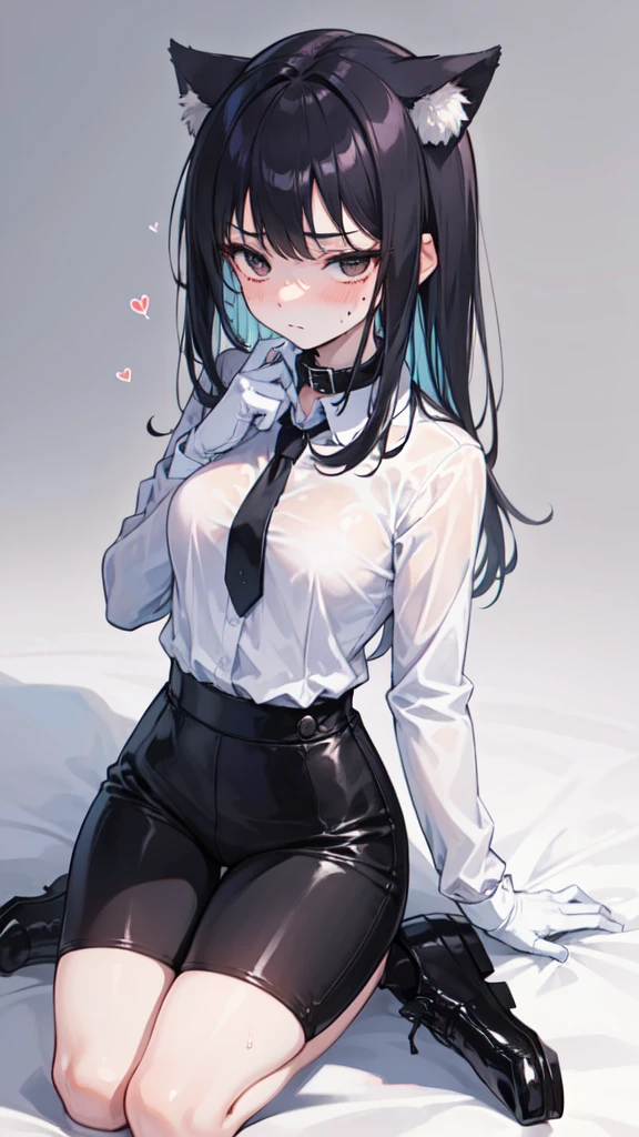 18-year-old girl，cute，Wear a white long-sleeved shirt and a black work tie，Wear black trousers，Wear black booties，Wear white gloves，wear cat ear，Wearing a collar，Black hair，Black eyes，Very thin waist，Very thin legs，Handsome，Disdainful and cold expression，shy，blush，scared，Sweating，tired，Outflow semen，Is giving sexual assault，Glove removal action，pornography