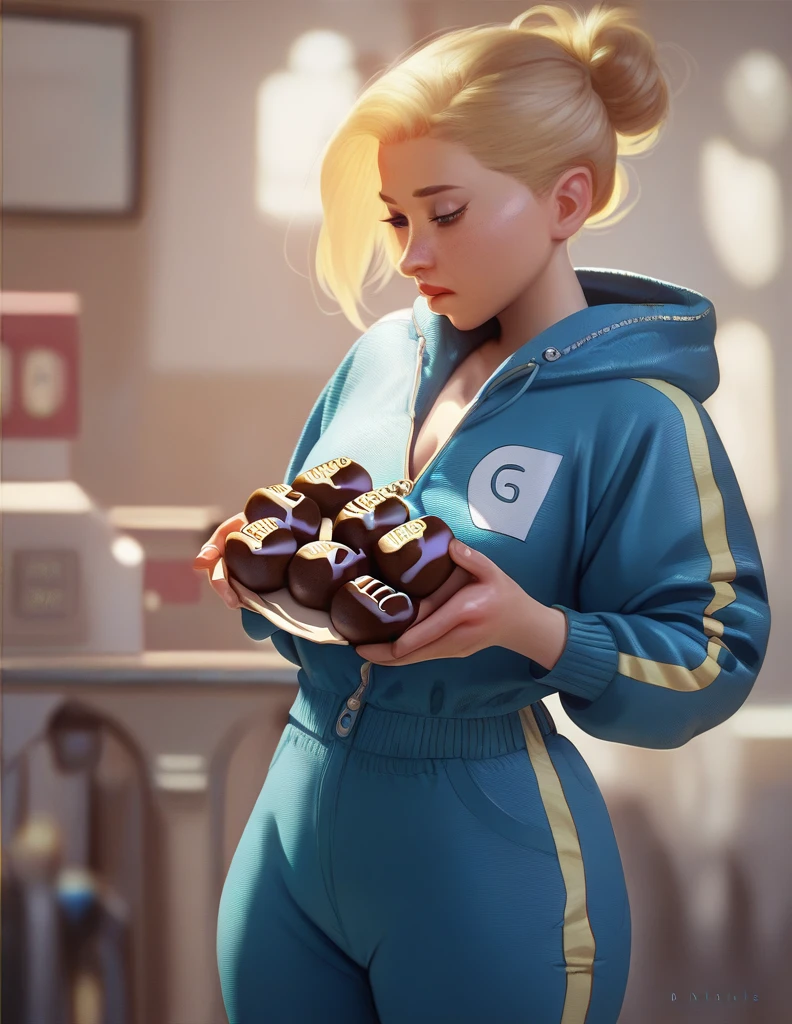 1girl, wearing a blue tracksuit, blonde bob, in a chocolate factory,
#partial blueberry inflation
#full blueberry inflation
#hyper blueberry inflation
#spherical inflation
#lactation through clothes
#lactation
