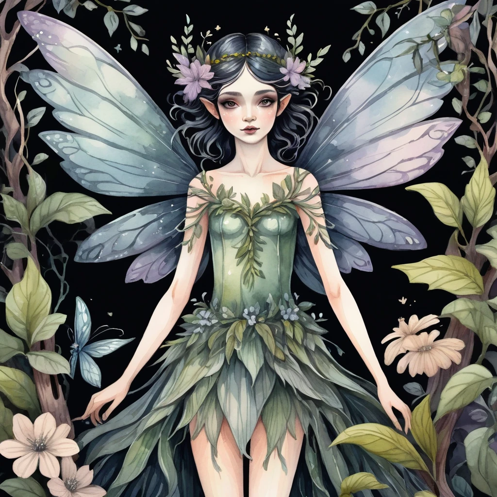 close up eerie flat illustration, a character figure made of wood and tree trunks posing from the front, next to a fairy. Facial features, arms and legs made of crooked branches and vines, Boy character has a rustic and natural appearance, with twisted bark details and knots. Next to the character a fairy (with big wings, standing with a ethereal dress),frontal pose, on a dark background of lush flowers, baroque illustration, watercolor, front view,  soft colors, the adult fairy wings are big, close up, medium shot, eerie goth