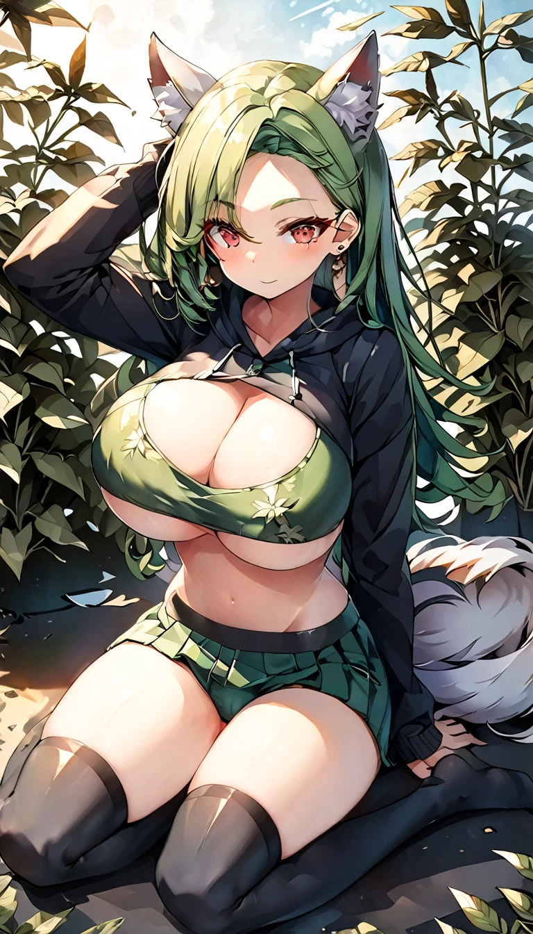   , Croped, , cleavage, slim waist, cropped hoodie underboob, cropped hoodieunderboobhoodie, 1girl, 2 wolf ears, wolf tail, marijuana crop hoodie, crop shorts, marijuana hoodie, spiky hair, spiky fur, green hair, red eyes,marijuana field, tight clothes, perfect eyes, perfect hands, clear resolution, full body, cleavage skin, marijuana plants, open hoodie, marijuana field, black thigh high socks, full body, earrings, 1girl, skirt,  cleavage, slim waist, cleavage, slim waist, hair pulled back, big breast, round butt, slim waist, best quality, sexy pose, thick thighs, D-cup breast, 