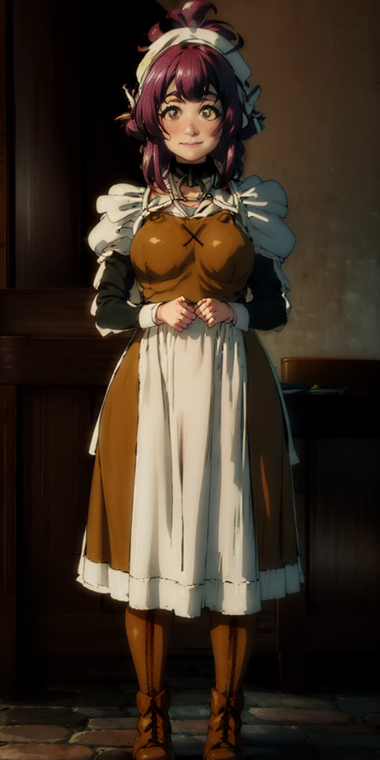full body standing straight symmetrical, lustful smirking smile face red blush red cheeks, looking at viewer, holding tray, braid, maid headdress, maid, dress, apron, long sleeves, brown pantyhose, long leather militar boots, thighs, long white hair, masterpiece