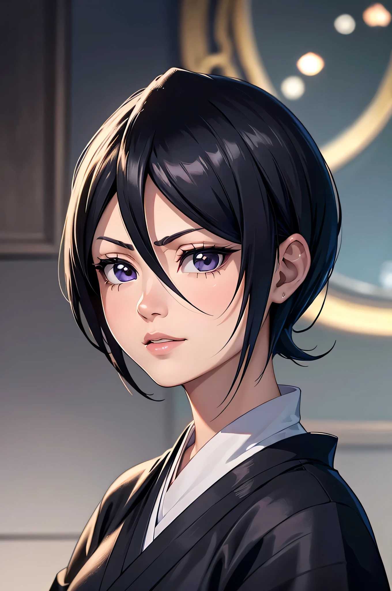 rich in detail, Incredible lines of color and detailed lighting, amazing detailed face, amazing detailed hair, incredible detailed eye, amazing detailed nose, amazing detailed lips. a young and beautiful girl wearing a black kimono and with her hand in her short hair. with happy expression rukia kuchiki.