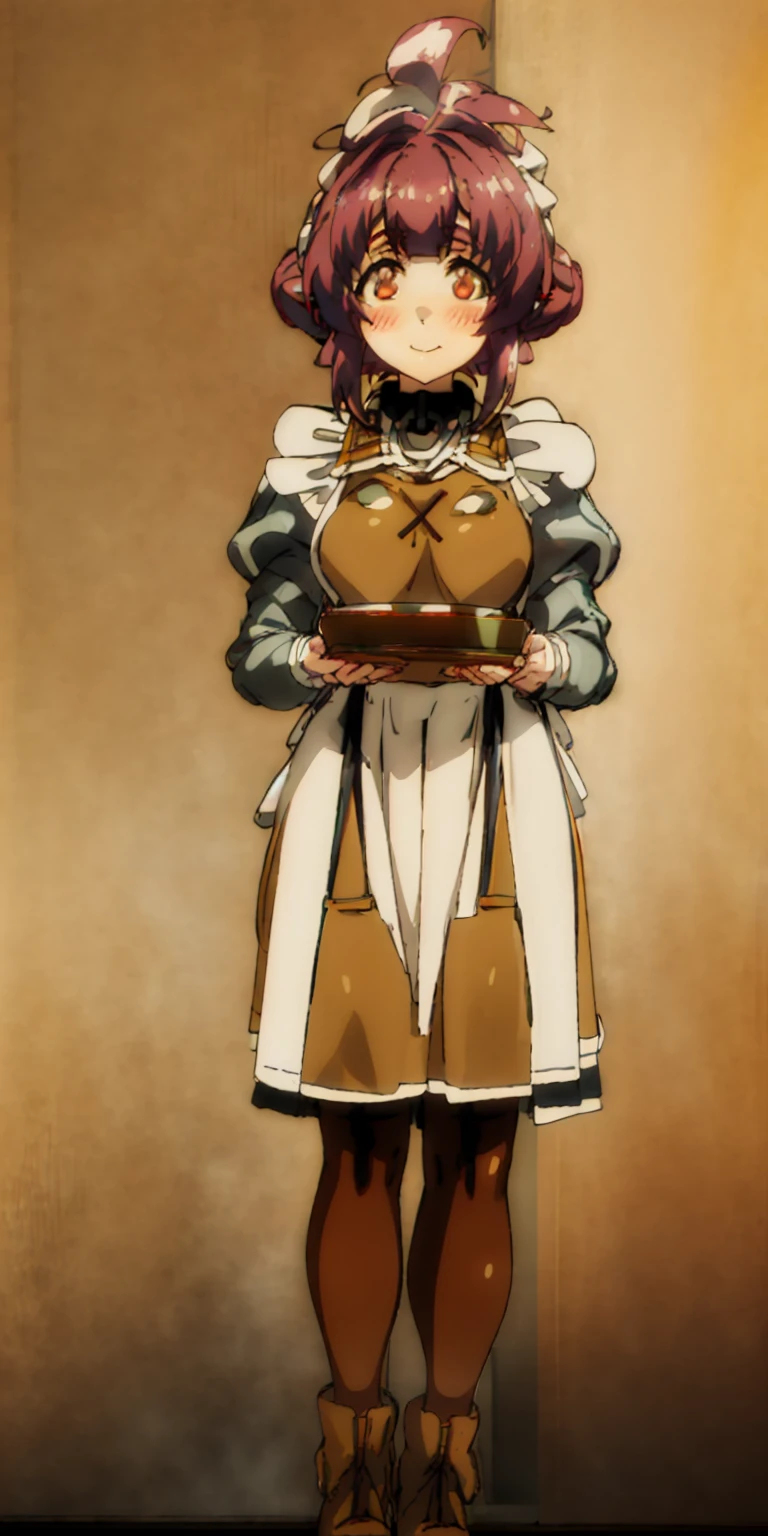 full body standing straight symmetrical, lustful smirking smile face red blush red cheeks, looking at viewer, holding tray, braid, maid headdress, maid, dress, apron, long sleeves, brown pantyhose, long leather militar boots, thighs, long white hair, masterpiece