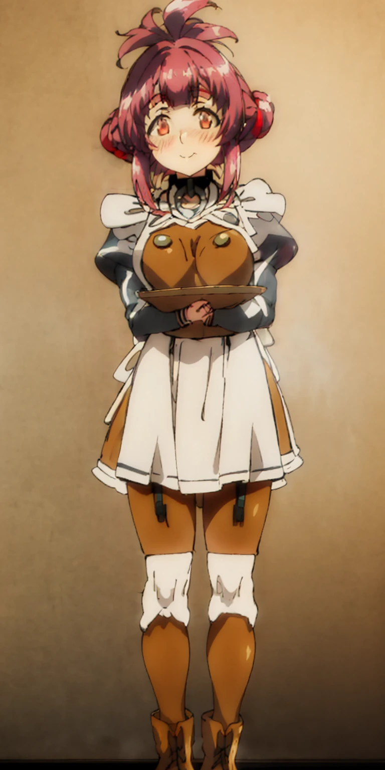 full body standing straight symmetrical, lustful smirking smile face red blush red cheeks, looking at viewer, holding tray, braid, maid headdress, maid, dress, apron, long sleeves, brown pantyhose, long leather militar boots, thighs, long white hair, masterpiece